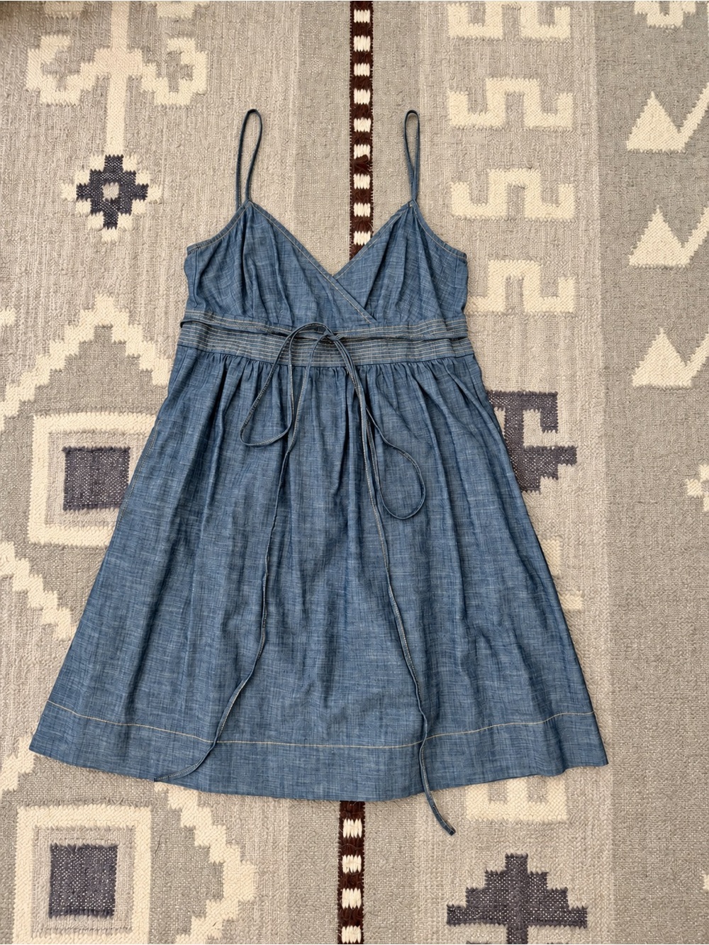 LOFT Blue Chambray Spaghetti-Strap Dress with Tie Waist
